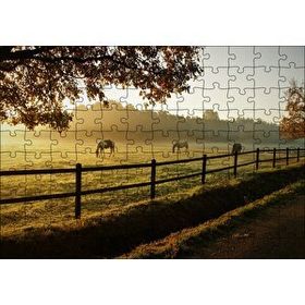 Cakapuzzle Gündoğumunda Sisler ve Otlayan Atlar 120 Parça Ahşap Puzzle