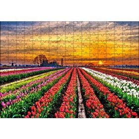 Cakapuzzle Hollandada Günbatımı ve Lale Tarlaları 120 Parça Ahşap Puzzle