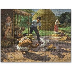 Cakapuzzle Horoz Dövüştüren Köylüler ve Saman Yığınları Mdf 120 Parça Puzzle