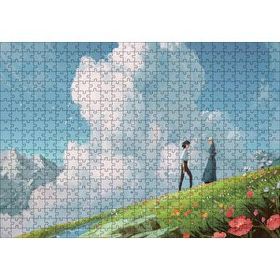 Cakapuzzle Howls Moving Castle Aşıklar Çiçekler Bulut Görseli 120 Parça Ahşap Puzzle