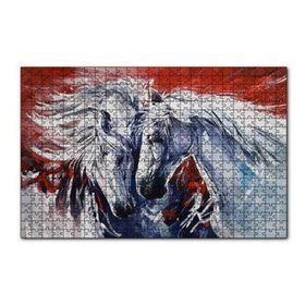 Cakapuzzle İki Beyaz Kısrak Kırmızı Arkaplan 120 Parça Ahşap Puzzle