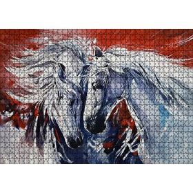 Cakapuzzle İki Beyaz Kısrak Kırmızı Arkaplan 120 Parça Ahşap Puzzle