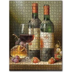 Cakapuzzle Iki Şişe Yıllanmış Şarap, Kadeh, Ekmek ve Meyveler 120 Parça Puzzle
