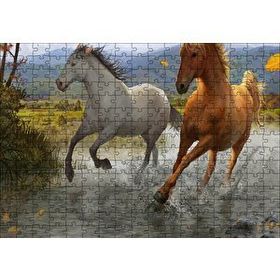 Cakapuzzle Kahverengi ve Beyaz Koşan Atlar Çizim 120 Parça Puzzle