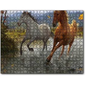 Cakapuzzle Kahverengi ve Beyaz Koşan Atlar Çizim 500 Parça Puzzle
