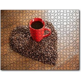 Cakapuzzle Kalp Şeklinde Kahve Çekirdekleri ve Kırmızı Fincanda 120 Parça Puzzle