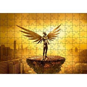 Cakapuzzle Kanatlı Şövalye Gökdelenler ve Altın Rengi Gökyüzü 120 Parça Ahşap Puzzle