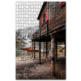Cakapuzzle Karlı Dağlar Gölde Kayıklar ve Ahşap Kulübe Ahşap 255 Parça Puzzle