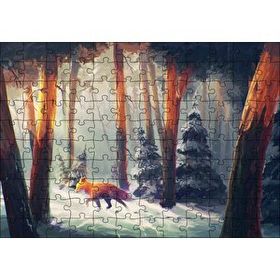Cakapuzzle Karlı Orman Günışığı ve Kurt Animasyon Görseli Mdf 120 Parça Puzzle