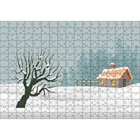 Cakapuzzle Karlı Tepeler Kuru Ağaç ve Şirin Kulübe 120 Parça Ahşap Puzzle