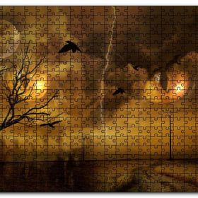 Cakapuzzle Kedi Gözleri Bulutlar Şimşekler Dolunay Kargalar Mdf 1000 Parça Puzzle