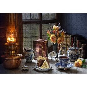 Cakapuzzle Kek ve Çay Ambiyans Pencerede Yağmur Görseli 255 Parça Puzzle