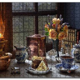 Cakapuzzle Kek ve Çay Ambiyans Pencerede Yağmur Görseli Mdf 120 Parça Puzzle