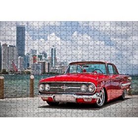 Cakapuzzle Kırmızı Chevrolet Impala ve Gökdelenler Mdf 500 Parça Puzzle