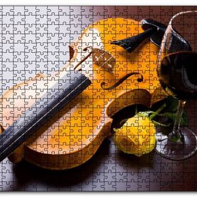 Cakapuzzle Kırmızı Şarap Keman ve Sarı Gül Mdf 120 Parça Puzzle