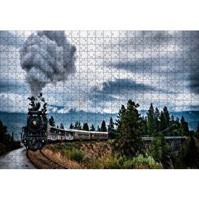 Cakapuzzle Kıvrılarak İlerleyen Kara Tren ve Dumanı 120 Parça Ahşap Puzzle