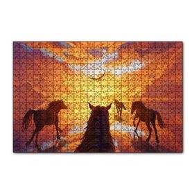Cakapuzzle Kızıl Bulutlu Gökler Sudaki Aksi ve Koşan Atlar 120 Parça Ahşap Puzzle