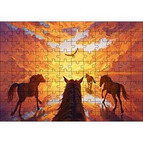Cakapuzzle Kızıl Bulutlu Gökler Sudaki Aksi ve Koşan Atlar 120 Parça Ahşap Puzzle