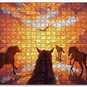 Cakapuzzle Kızıl Bulutlu Gökler Sudaki Aksi ve Koşan Atlar Mdf 500 Parça Puzzle