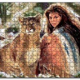 Cakapuzzle Kızılderili Kız ve Dağ Kedisi Görseli Mdf 1000 Parça Puzzle