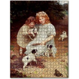 Cakapuzzle Köpeklerle Oynayan Kızlar ve Davetsiz Misafir Kurbağa 500 Parça Puzzle