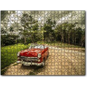 Cakapuzzle Kübada Kırmızı Cabrio Araba ve Ağaçlar 120 Parça Ahşap Puzzle