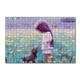 Cakapuzzle Küçük Kız Sarı Çiçekler ve Yavru Köpek 120 Parça Ahşap Puzzle