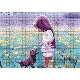 Cakapuzzle Küçük Kız Sarı Çiçekler ve Yavru Köpek 120 Parça Ahşap Puzzle