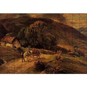 Cakapuzzle Kulübe Ağaçlar Dağlar ve At Arabası Mdf 120 Parça Puzzle