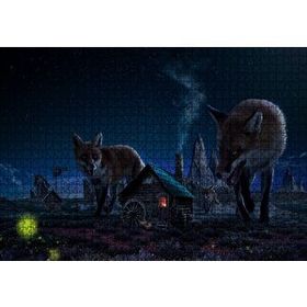 Cakapuzzle Kulübe ve Etrafında Dev Tilkiler Mdf 1000 Parça Puzzle