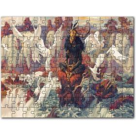 Cakapuzzle Kuş Şelale Kırmızı Kaya Boynuz Maskeli Adam Mdf 255 Parça Puzzle