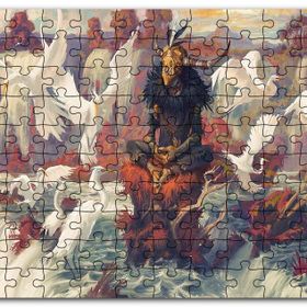 Cakapuzzle Kuş Şelale Kırmızı Kaya Boynuz Maskeli Adam Mdf 500 Parça Puzzle