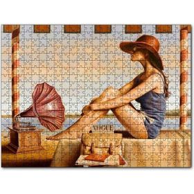 Cakapuzzle Lacivert Mayolu Kadın ve Gramofon Mdf 255 Parça Puzzle