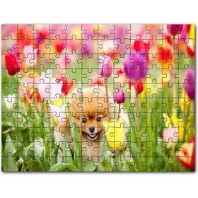 Cakapuzzle Laleler Arasındaki Sevimli Kahverengi Köpek Mdf 120 Parça Puzzle