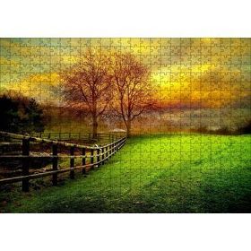 Cakapuzzle Manzara Çitler Ağaçlar Bulutlu Sarı Gökyüzü Mdf 500 Parça Puzzle