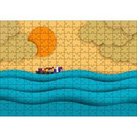 Cakapuzzle Mavi Dalgalar Yük Gemisi Güneş ve Bulutlar 120 Parça Ahşap Puzzle