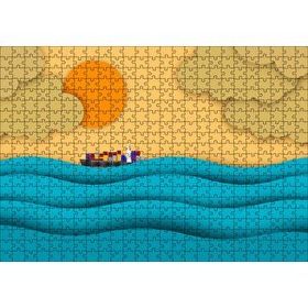 Cakapuzzle Mavi Dalgalar Yük Gemisi Güneş ve Bulutlar 120 Parça Ahşap Puzzle