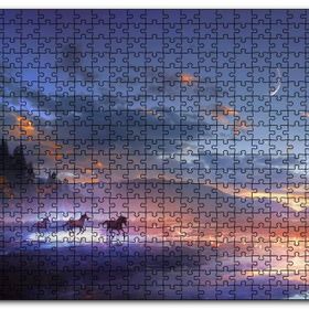 Cakapuzzle Mor Bulutlu Gökler ve Göl Kıyısında Koşan Atlar Mdf 500 Parça Puzzle