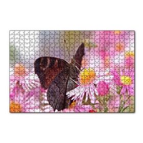 Cakapuzzle Mor Çiçeklerin Üzerindeki Kahverengi Kelebek 120 Parça Ahşap Puzzle