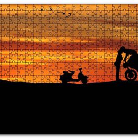 Cakapuzzle Motorsikletli Sürücü Kızı Öpüyor Kızıl Günbatımı Mdf 1000 Parça Puzzle