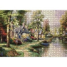 Cakapuzzle Nehir Boyama Manzara Kahverengi ve Mavi Evler 1000 Parça Puzzle