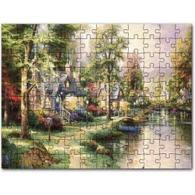 Cakapuzzle Nehir Boyama Manzara Kahverengi ve Mavi Evler 120 Parça Puzzle