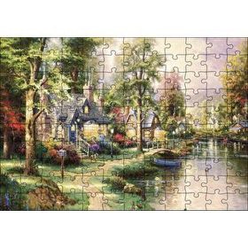Cakapuzzle Nehir Boyama Manzara Kahverengi ve Mavi Evler 120 Parça Puzzle
