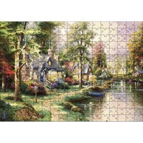 Cakapuzzle Nehir Boyama Manzara Kahverengi ve Mavi Evler 255 Parça Puzzle