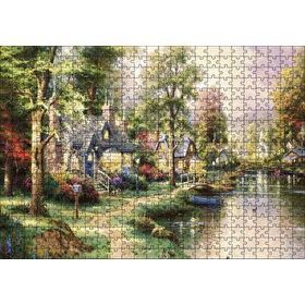Cakapuzzle Nehir Boyama Manzara Kahverengi ve Mavi Evler 500 Parça Puzzle