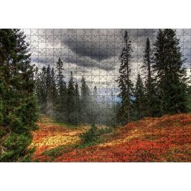 Cakapuzzle Orman Kara Bulutlar Turuncu Çiçekler 120 Parça Ahşap Puzzle