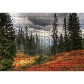 Cakapuzzle Orman Kara Bulutlar Turuncu Çiçekler 120 Parça Ahşap Puzzle