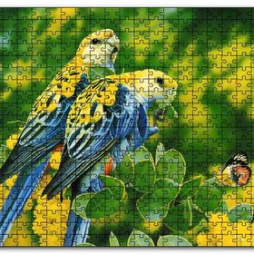 Cakapuzzle Papağanlar Sarı Mavi ve Sarı Çiçekler Kelebek Mdf 120 Parça Puzzle