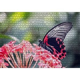 Cakapuzzle Pembe Çiçekler ve Siyah Kırmızı Kelebek 120 Parça Ahşap Puzzle