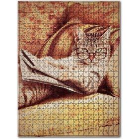 Cakapuzzle Retro Gezete Okuyan Kedi Baskılı Görsel Ahşap 255 Parça Puzzle